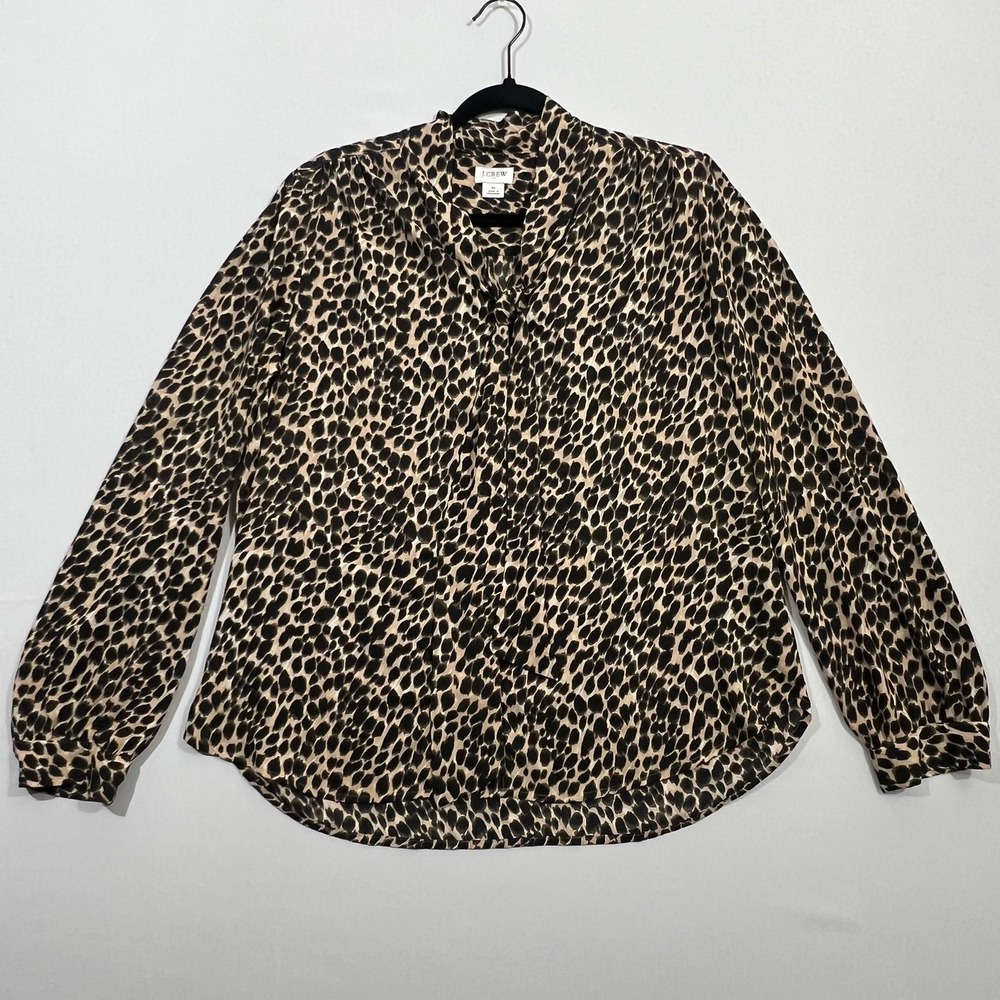 J.Crew Blouse Drapey Tie Neck Leopard Animal Print Brown Tan Mob Wife Womens M